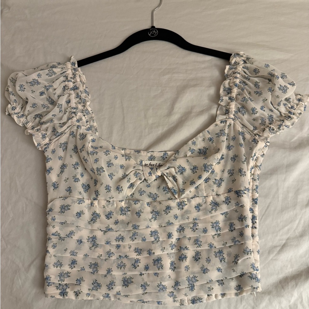 For Love And Lemons Chateau Puff Sleeve Floral Top Cream Blue, XS